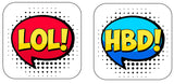 Colorful speech bubble props with 'LOL!' in red and 'HBD!' in blue, perfect for vibrant party decorations.