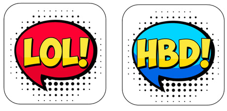 Colorful speech bubble props with 'LOL!' in red and 'HBD!' in blue, perfect for vibrant party decorations.